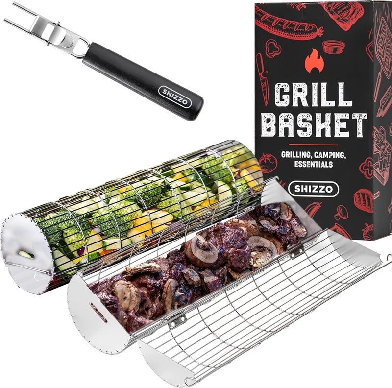 SHIZZO Rolling Grill Basket, New Opening Design, Extra Sturdy Cylinder Grilling Basket, Food Grade Stainless Steel, Large Portable Outdoor Camping accessories BBQ Net Rack, Cooking Griller for Fish, Vegetables, and More - Gifts for Men Dad Husband - Set of 2 - Image 1